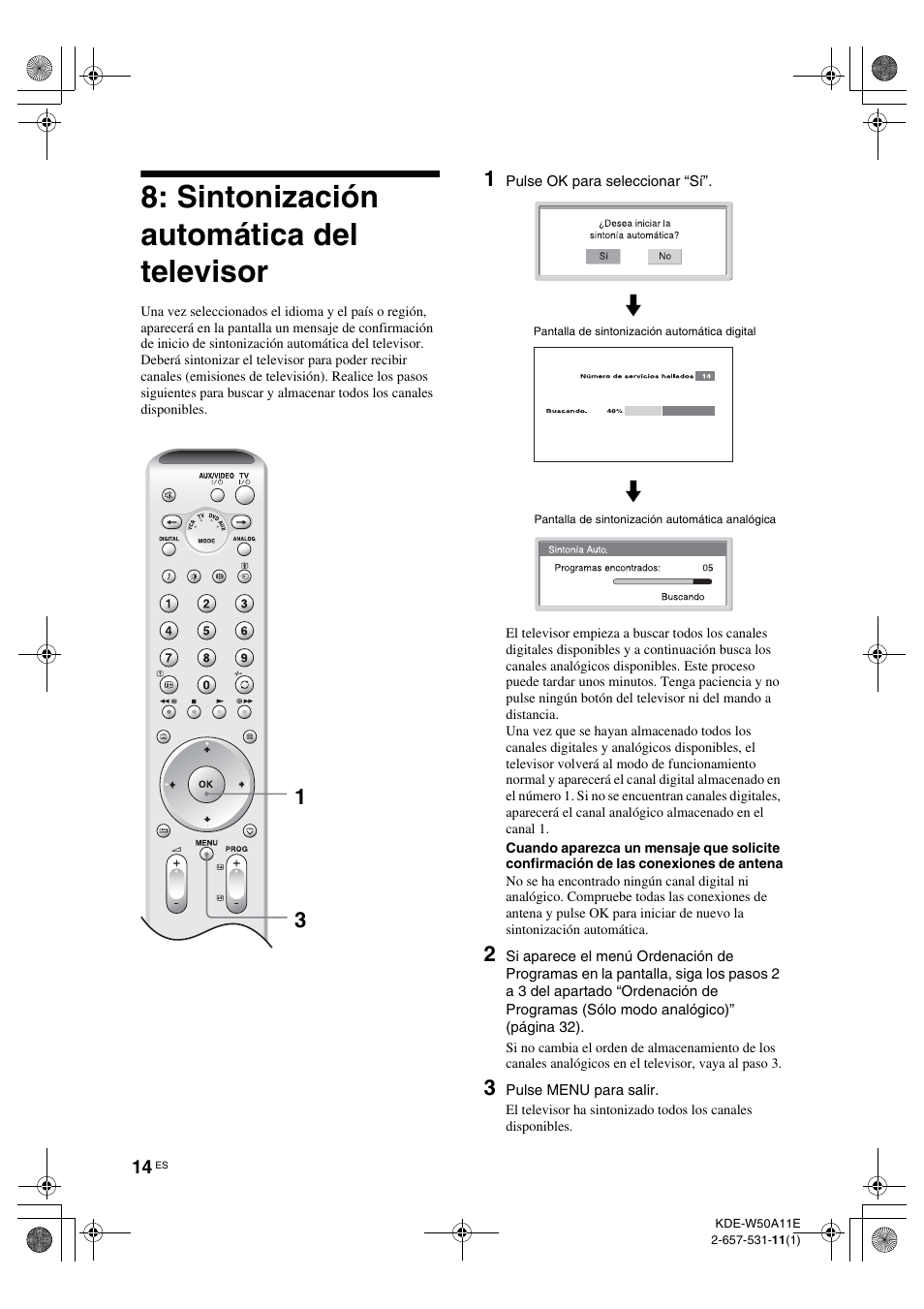 Sintonización automática del televisor, Sintonización automática, Del televisor | 31 m | Sony KDE-W50A11E User Manual | Page 156 / 194