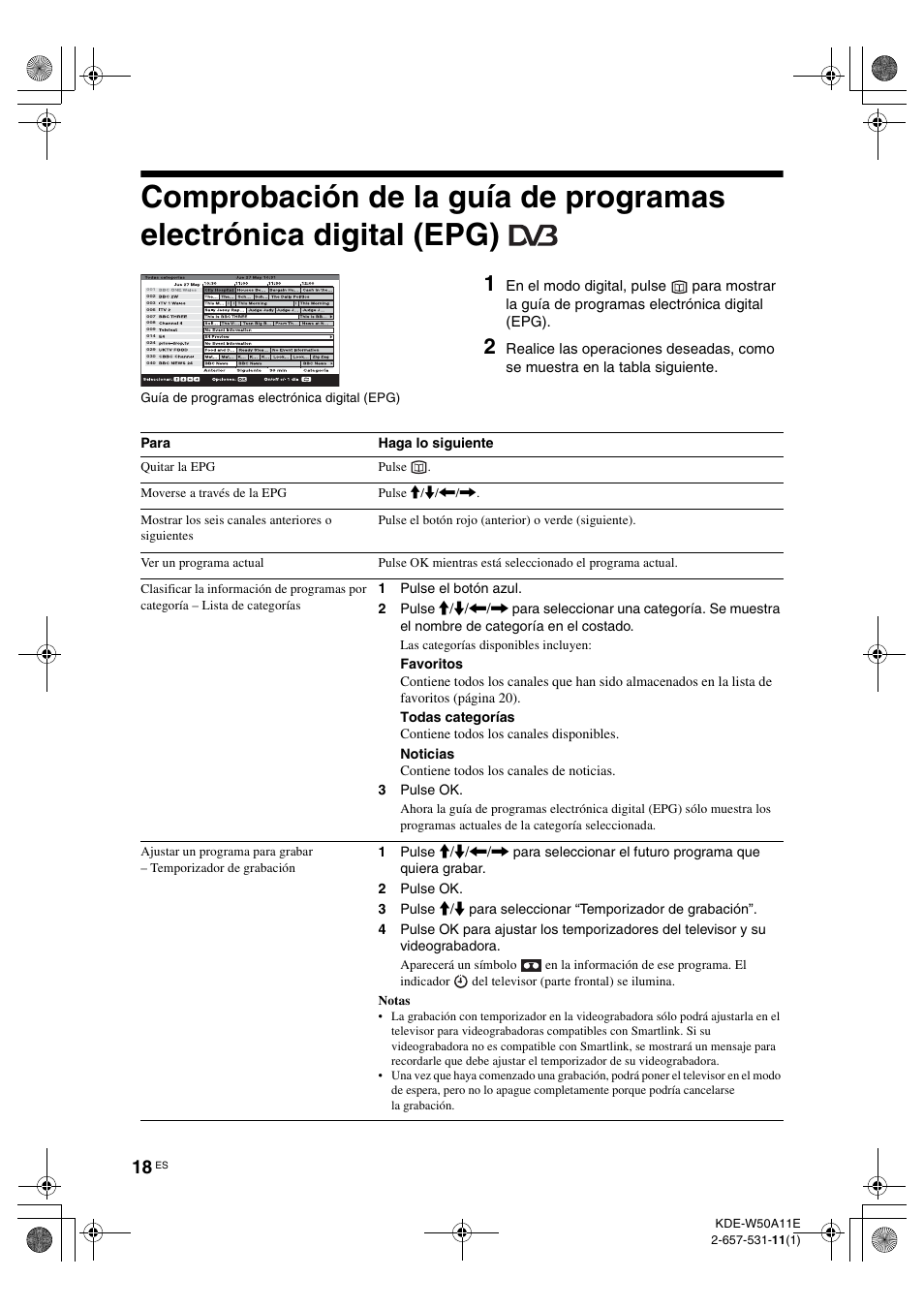 Comprobación de la guía de programas, Electrónica digital (epg) | Sony KDE-W50A11E User Manual | Page 160 / 194