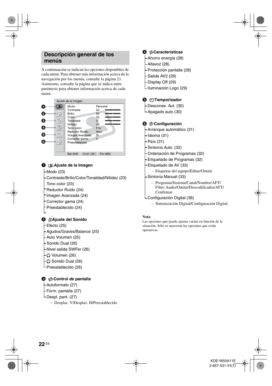 Descripción general de los menús | Sony KDE-W50A11E User Manual | Page 164 / 194
