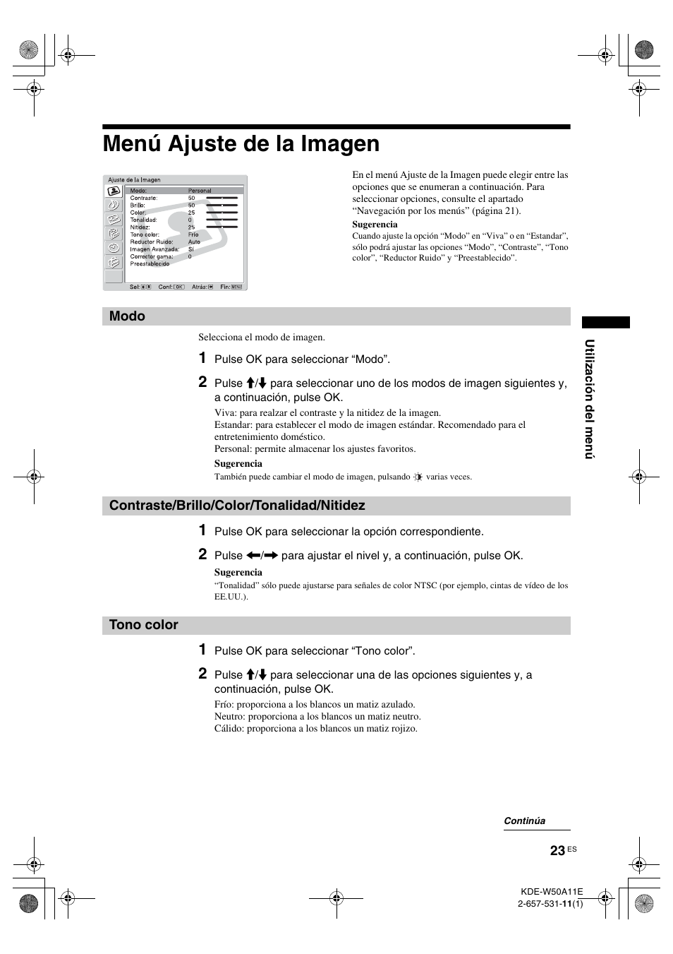 Menú ajuste de la imagen, Modo, Contraste/brillo/color/tonalidad/nitidez | Tono color, R (23) | Sony KDE-W50A11E User Manual | Page 165 / 194