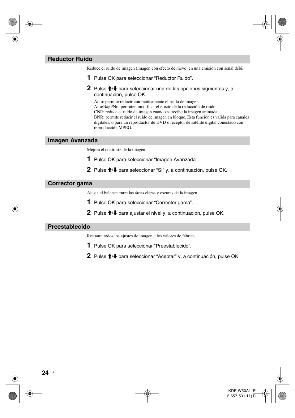 Reductor ruido, Imagen avanzada, Corrector gama | Preestablecido, O (24) | Sony KDE-W50A11E User Manual | Page 166 / 194