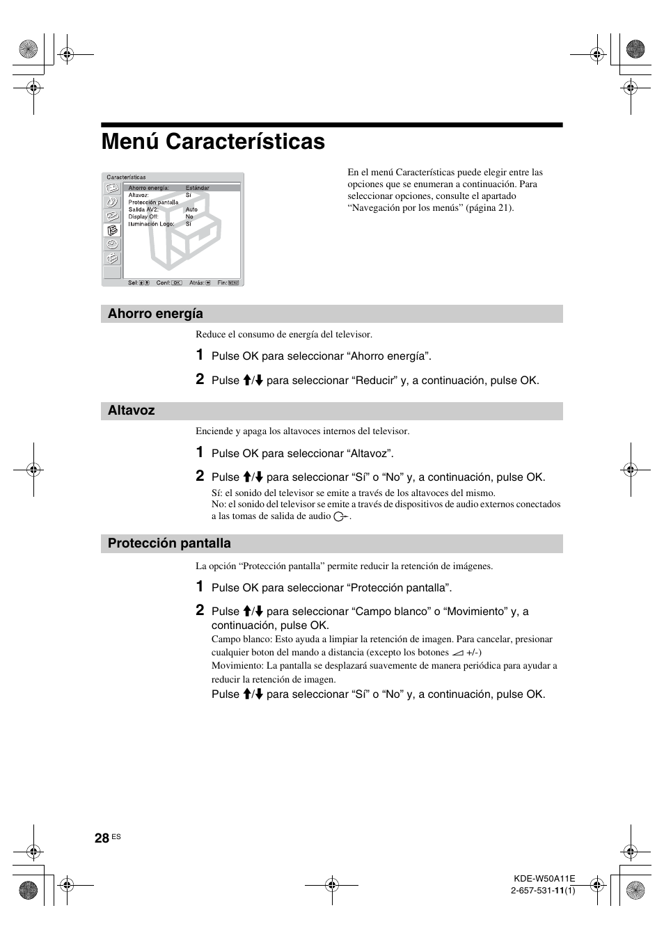 Menú características, Ahorro energía, Altavoz | Protección pantalla, Ahorro energía altavoz, A (28) | Sony KDE-W50A11E User Manual | Page 170 / 194