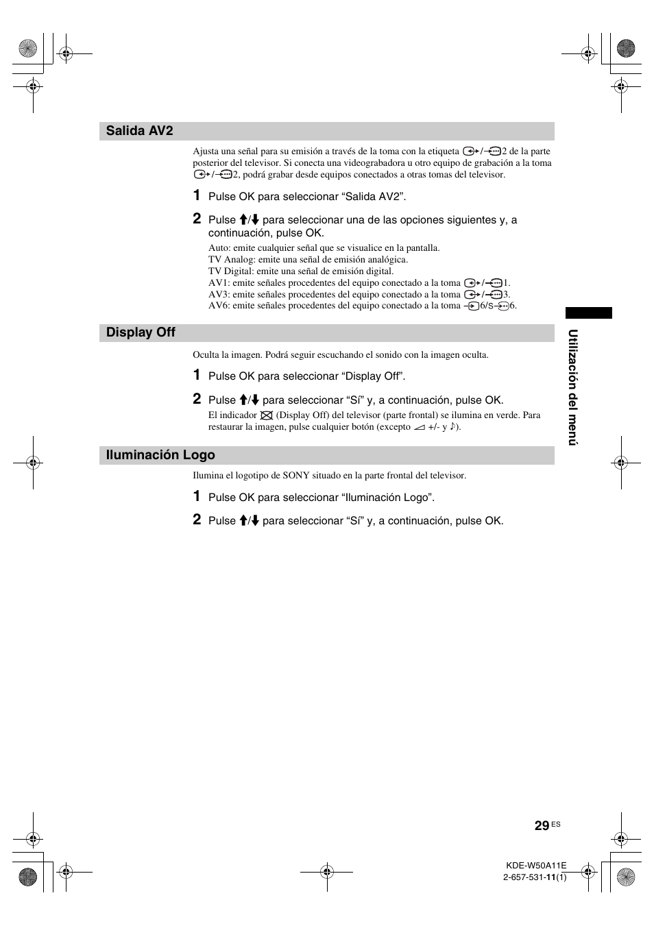 Salida av2, Display off, Iluminación logo | Sony KDE-W50A11E User Manual | Page 171 / 194