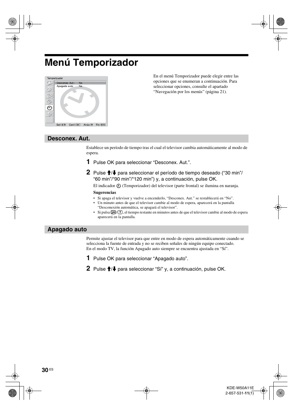 Menú temporizador, Desconex. aut, Apagado auto | Desconex. aut apagado auto, Desconex. aut. apagado auto | Sony KDE-W50A11E User Manual | Page 172 / 194