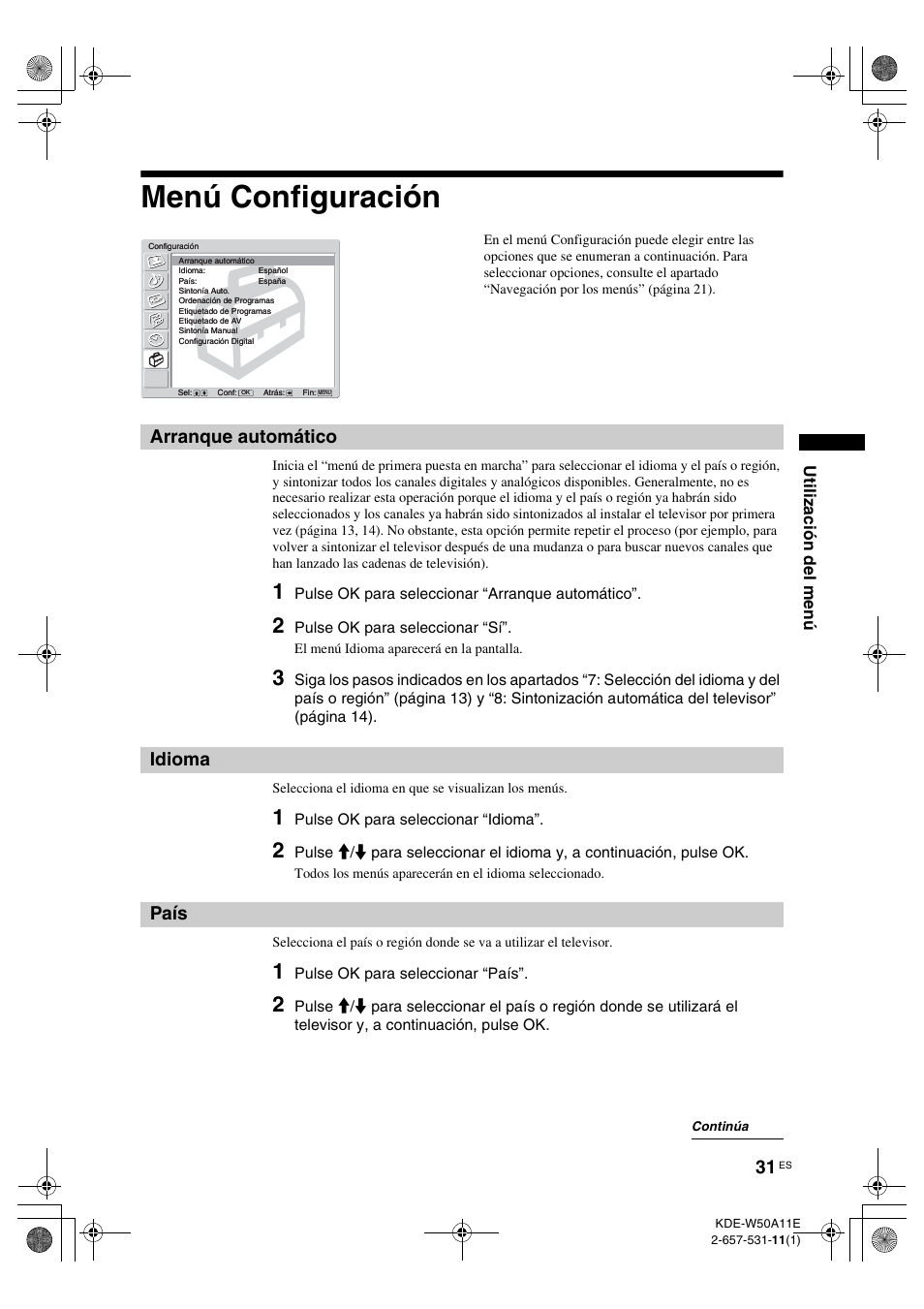 Menú configuración, Arranque automático, Idioma | País, Arranque automático idioma país | Sony KDE-W50A11E User Manual | Page 173 / 194