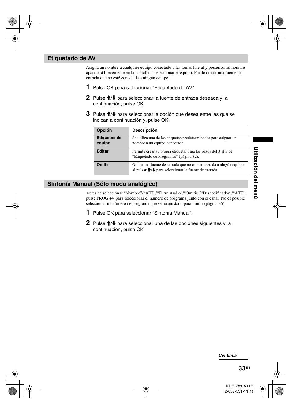 Etiquetado de av, Sintonía manual (sólo modo analógico), L (33) | Sony KDE-W50A11E User Manual | Page 175 / 194