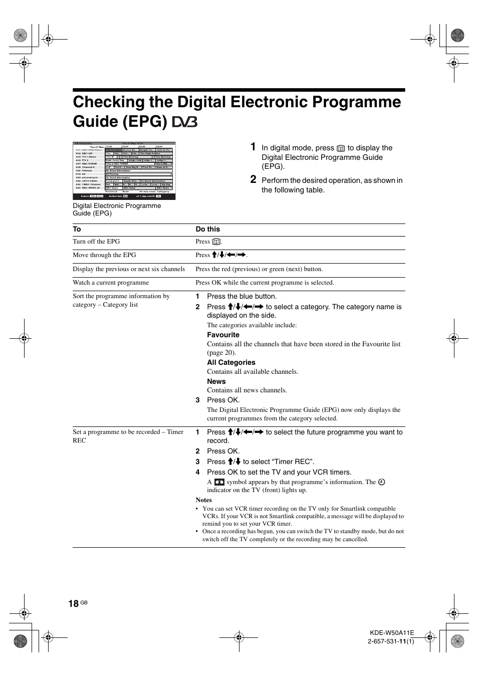 Checking the digital electronic programme, Guide (epg) | Sony KDE-W50A11E User Manual | Page 18 / 194
