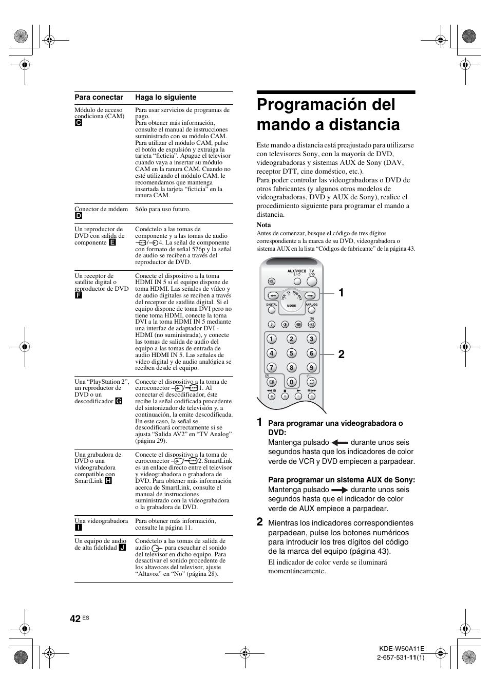 Programación del mando a distancia | Sony KDE-W50A11E User Manual | Page 184 / 194