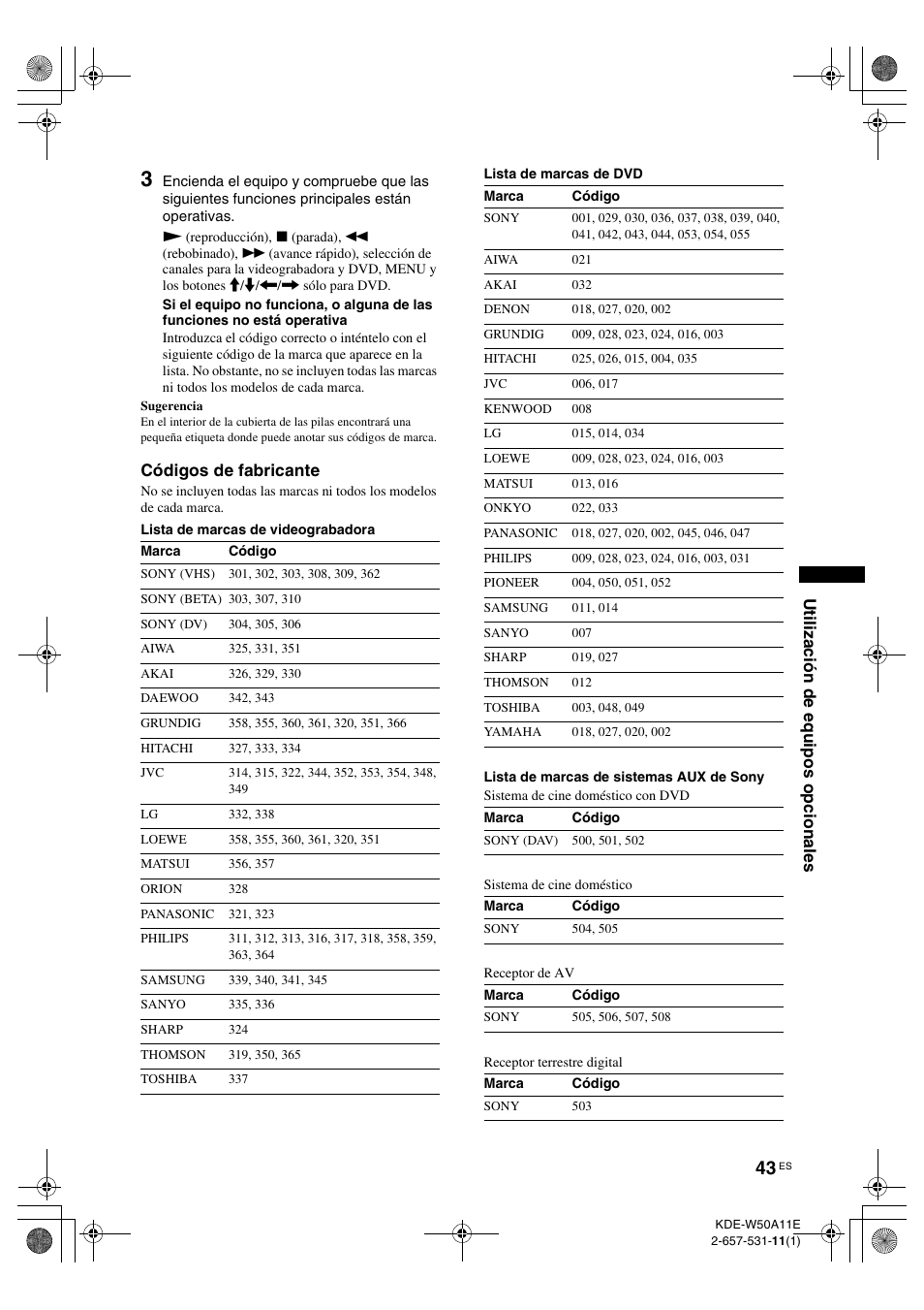 Códigos de fabricante, Ut il iz ación de equi pos opc ional es | Sony KDE-W50A11E User Manual | Page 185 / 194