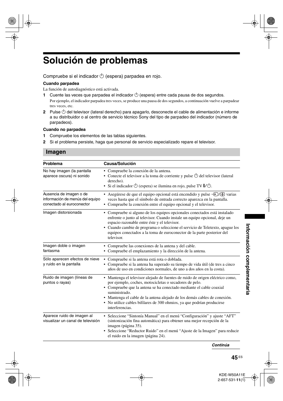 Solución de problemas, Imagen | Sony KDE-W50A11E User Manual | Page 187 / 194