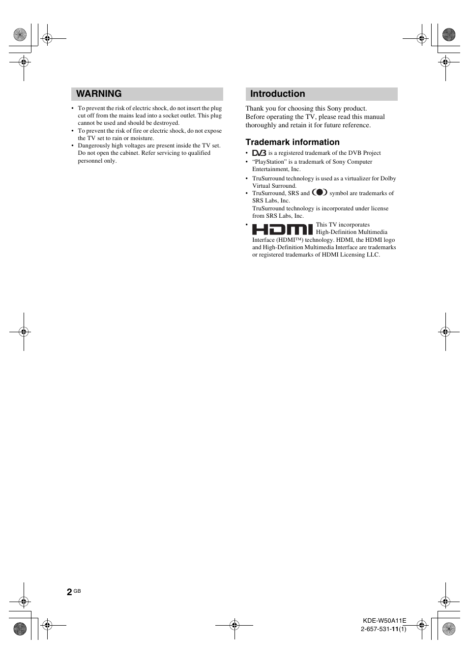 Warning introduction, Trademark information | Sony KDE-W50A11E User Manual | Page 2 / 194