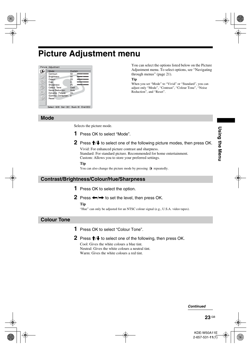 Picture adjustment menu, Mode, Contrast/brightness/colour/hue/sharpness | Colour tone, S (23), Ne (23) | Sony KDE-W50A11E User Manual | Page 23 / 194