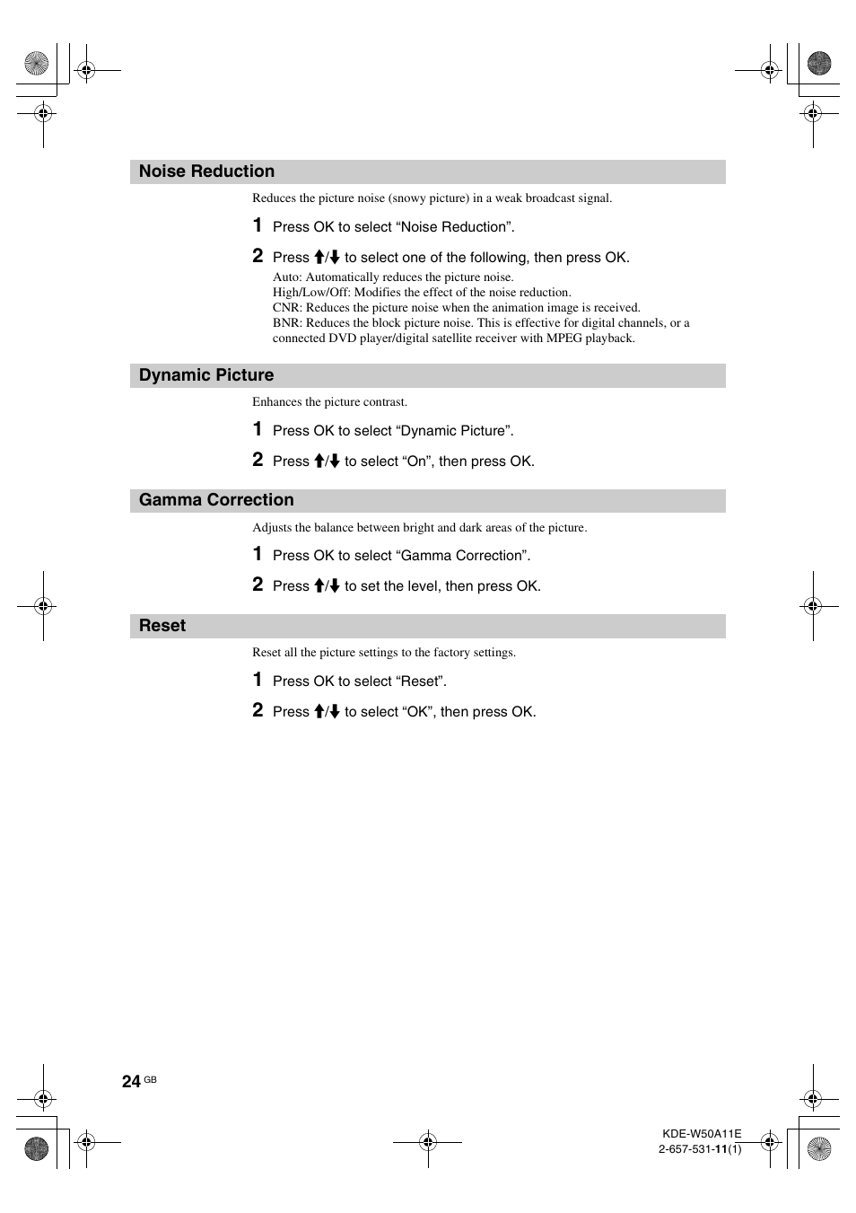 Noise reduction, Dynamic picture, Gamma correction | Reset, N (24), E (24), T (24) | Sony KDE-W50A11E User Manual | Page 24 / 194