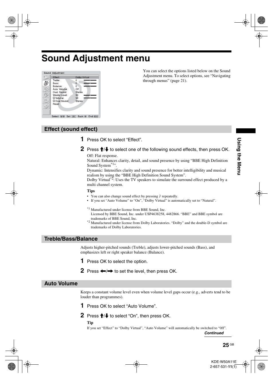Sound adjustment menu, Effect (sound effect), Treble/bass/balance | Auto volume, E (25) | Sony KDE-W50A11E User Manual | Page 25 / 194