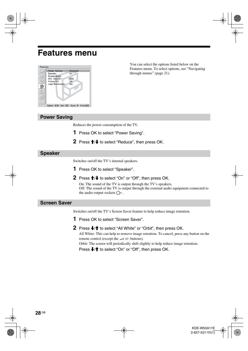 Features menu, Power saving, Speaker | Screen saver, Power saving speaker, R (28) | Sony KDE-W50A11E User Manual | Page 28 / 194