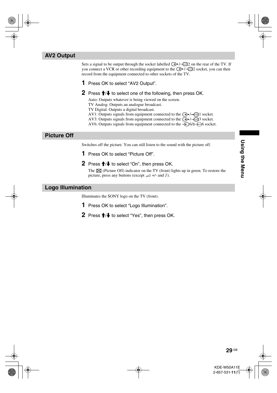 Av2 output, Picture off, Logo illumination | Av2 output picture off logo illumination, On (29) | Sony KDE-W50A11E User Manual | Page 29 / 194