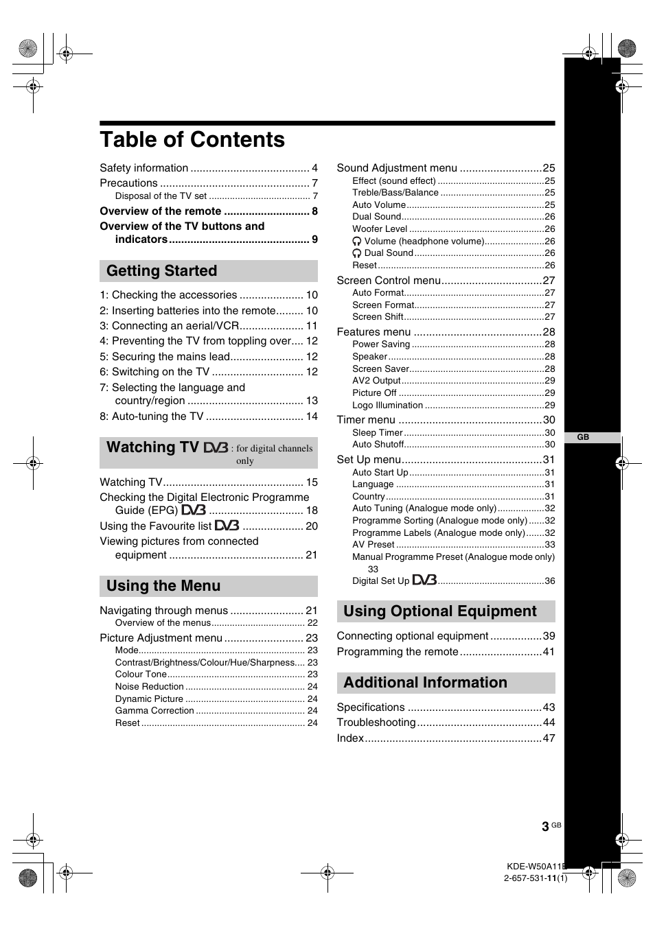 Sony KDE-W50A11E User Manual | Page 3 / 194