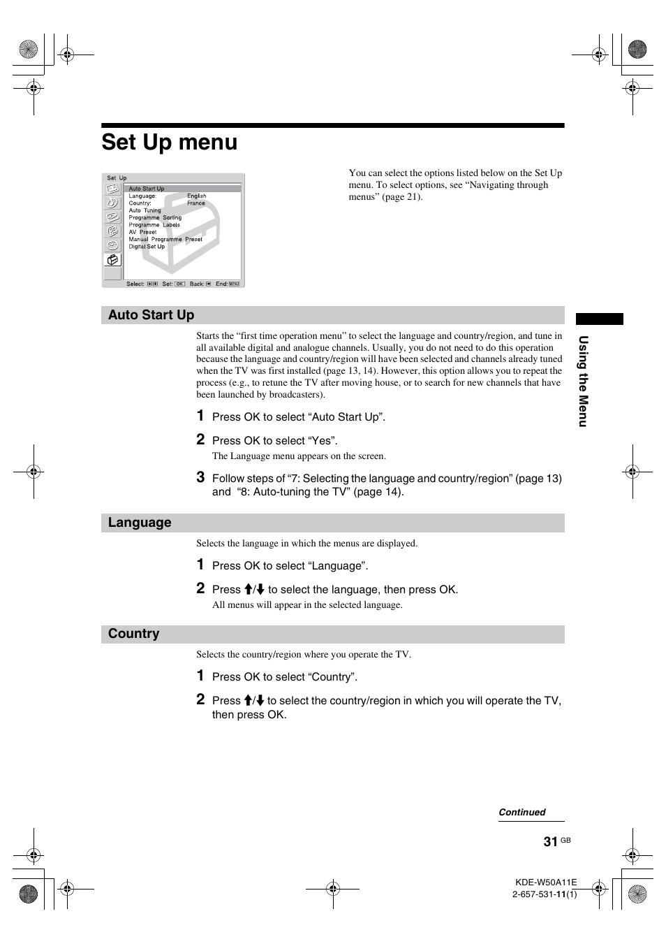 Set up menu, Auto start up, Language | Country, Auto start up language country, Y (31) | Sony KDE-W50A11E User Manual | Page 31 / 194