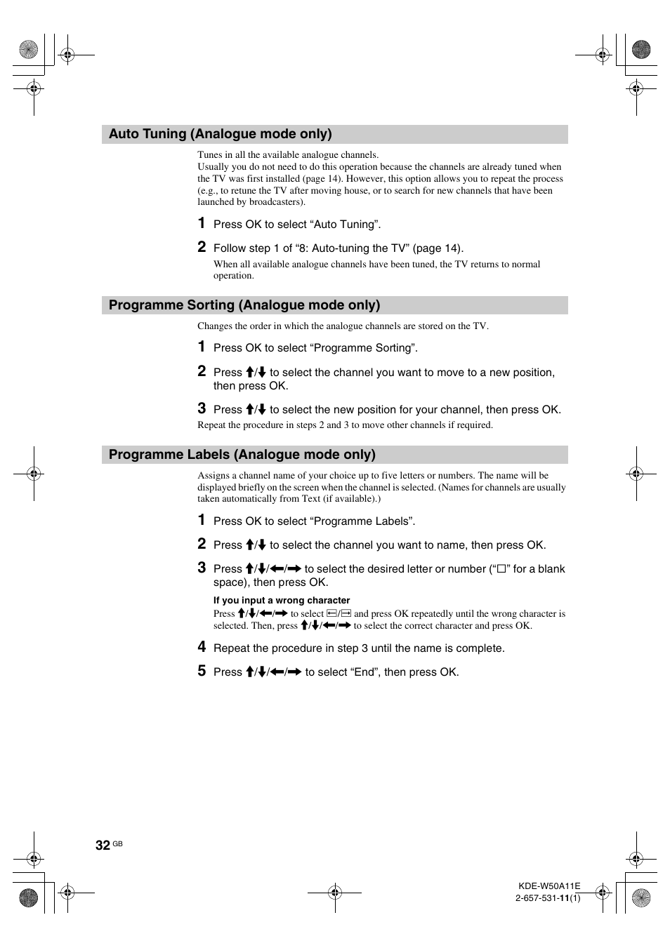 Auto tuning (analogue mode only), Programme sorting (analogue mode only), Programme labels (analogue mode only) | G (32) | Sony KDE-W50A11E User Manual | Page 32 / 194