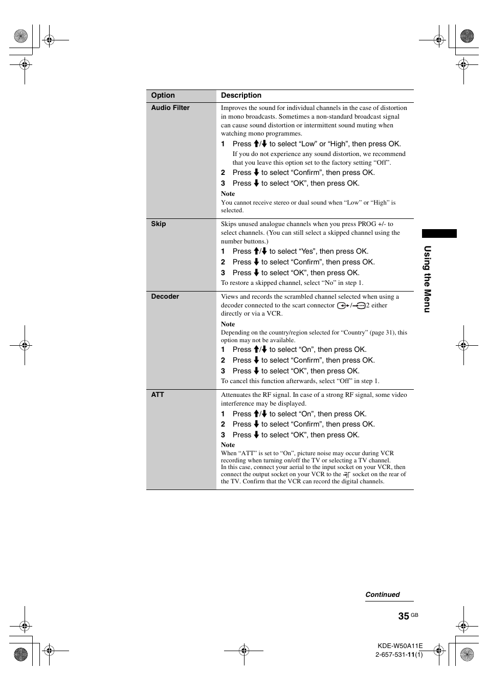 Sony KDE-W50A11E User Manual | Page 35 / 194