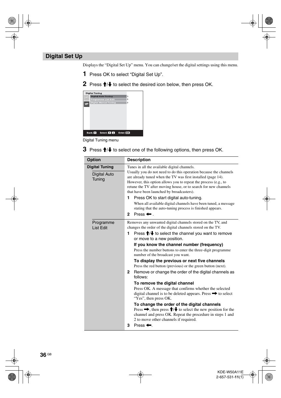 Digital set up | Sony KDE-W50A11E User Manual | Page 36 / 194