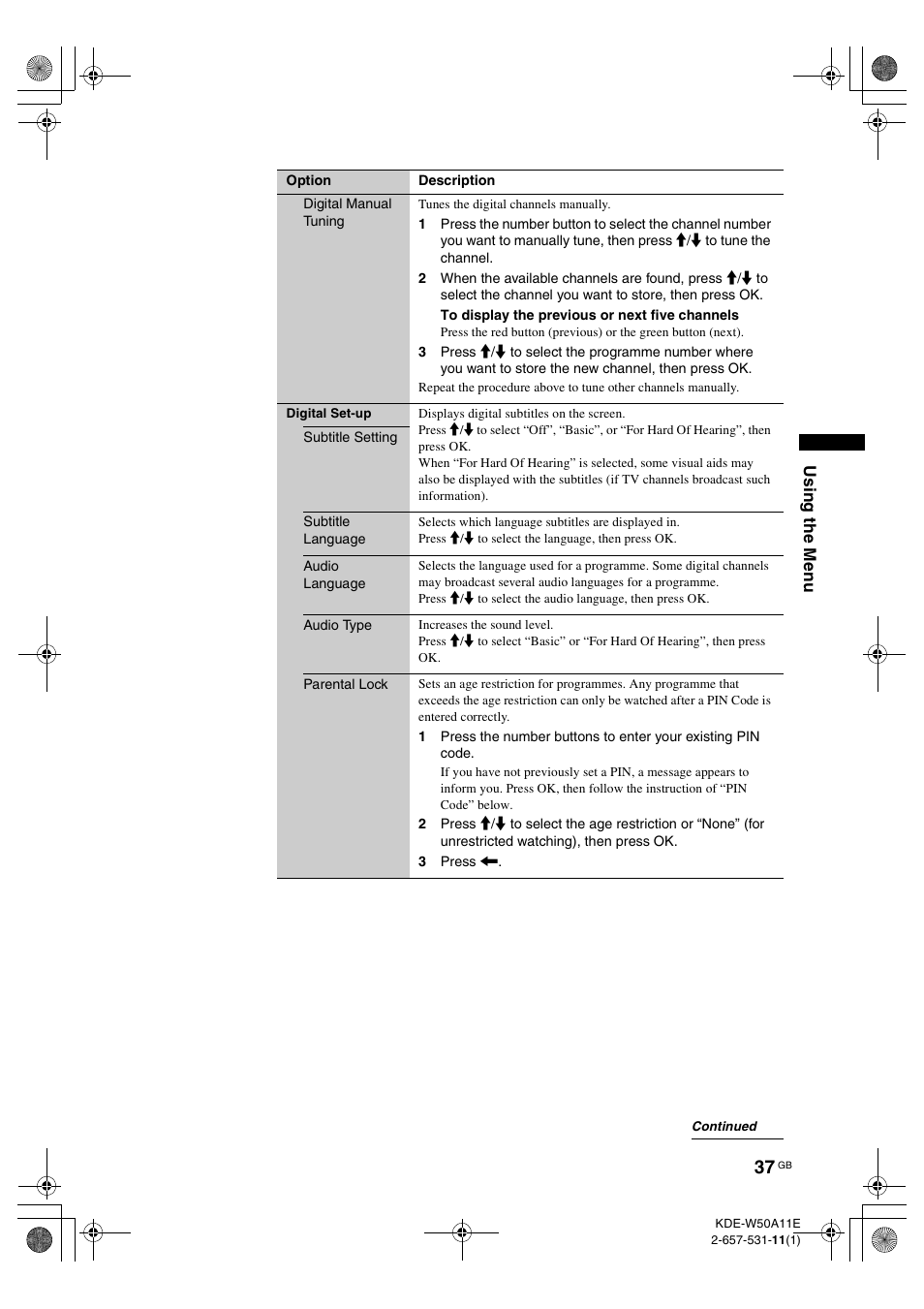 Sony KDE-W50A11E User Manual | Page 37 / 194