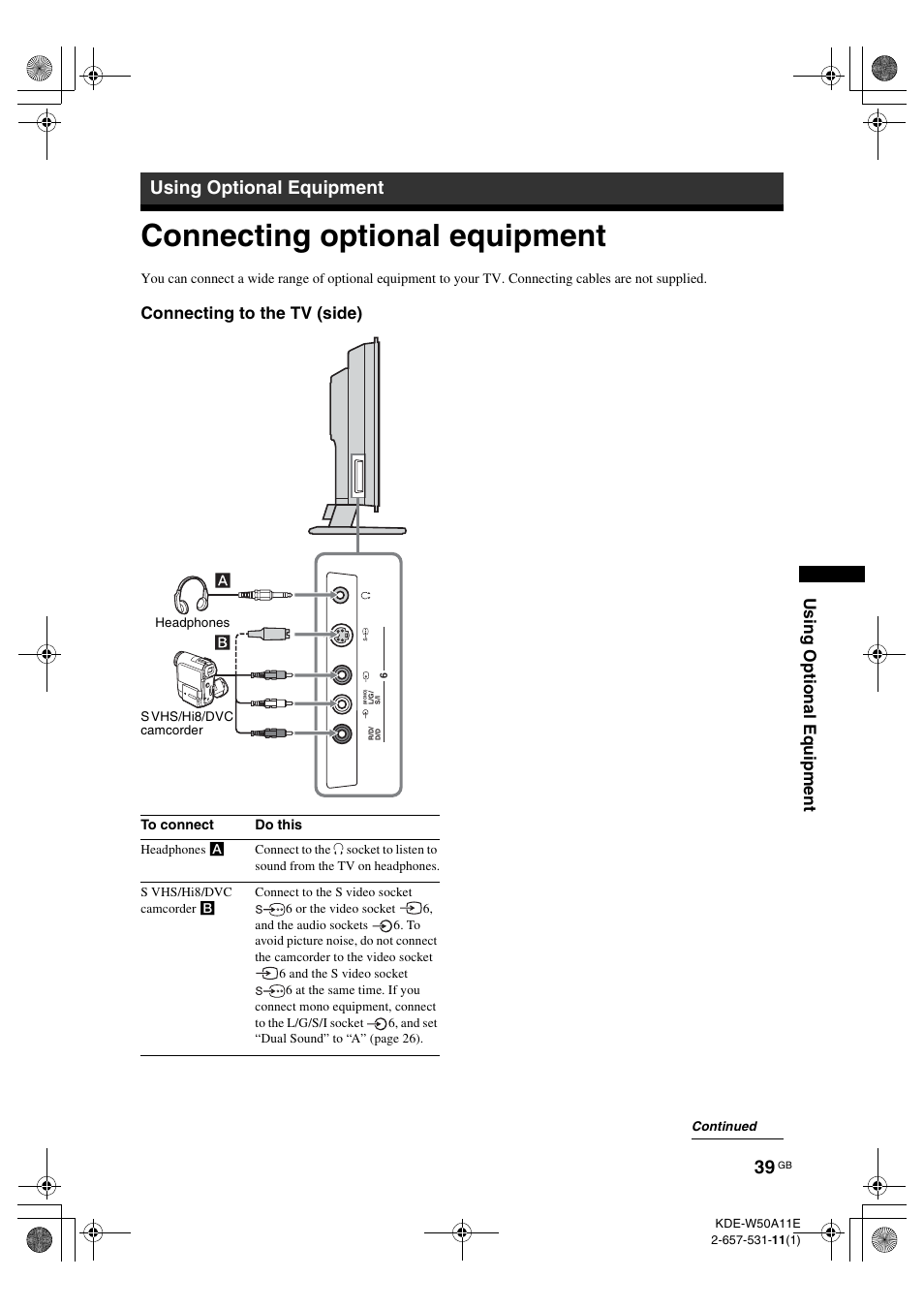 Using optional equipment, Connecting optional equipment, Usi ng o p tio nal equipment | Connecting to the tv (side) | Sony KDE-W50A11E User Manual | Page 39 / 194