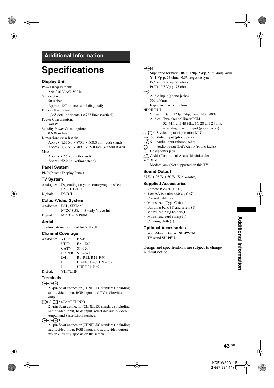 Additional information, Specifications, Addit iona l inf o rmati o n | Sony KDE-W50A11E User Manual | Page 43 / 194