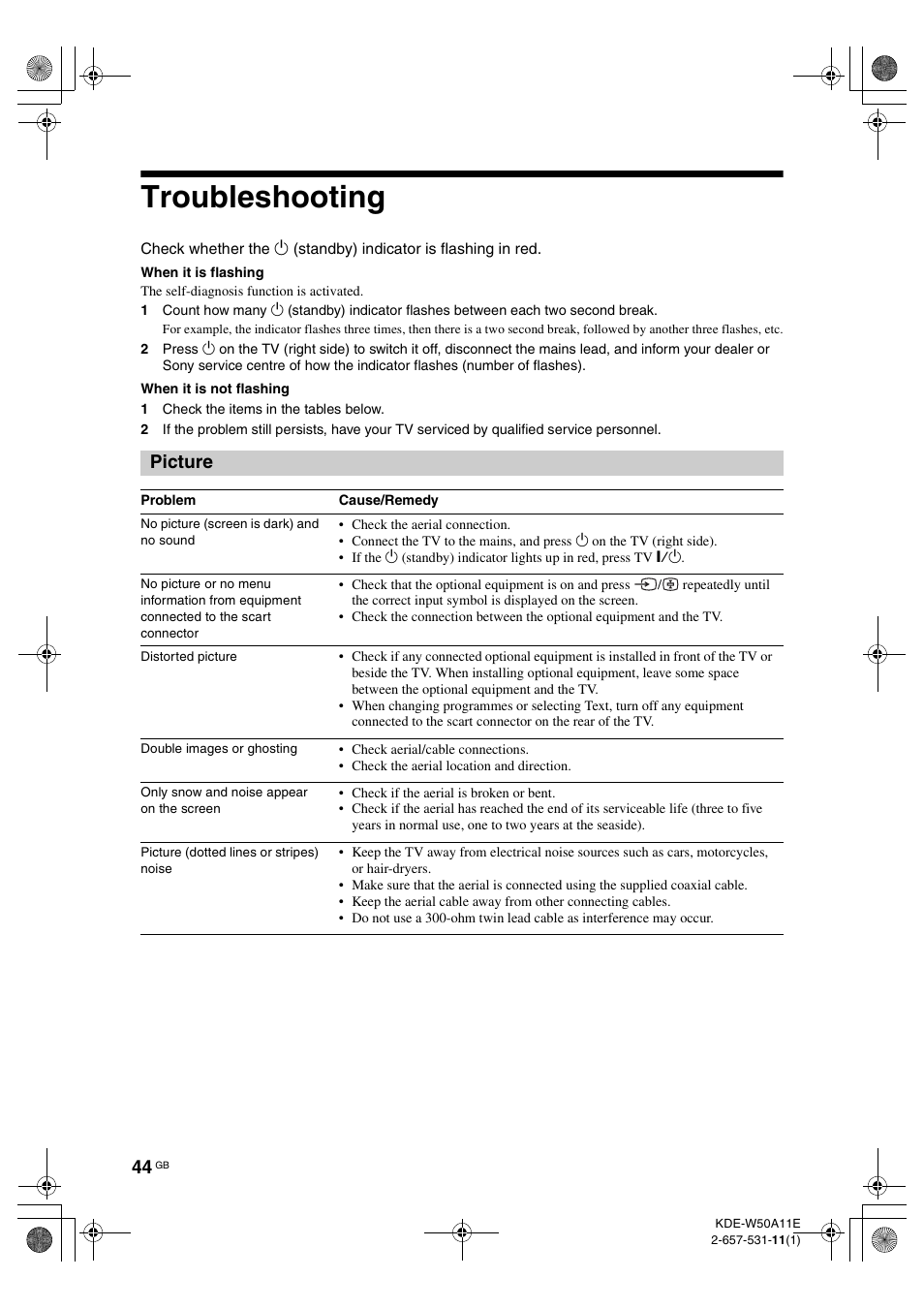 Troubleshooting, Picture | Sony KDE-W50A11E User Manual | Page 44 / 194