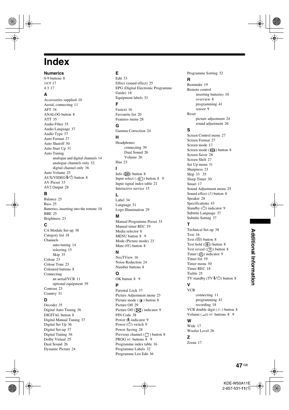 Index | Sony KDE-W50A11E User Manual | Page 47 / 194