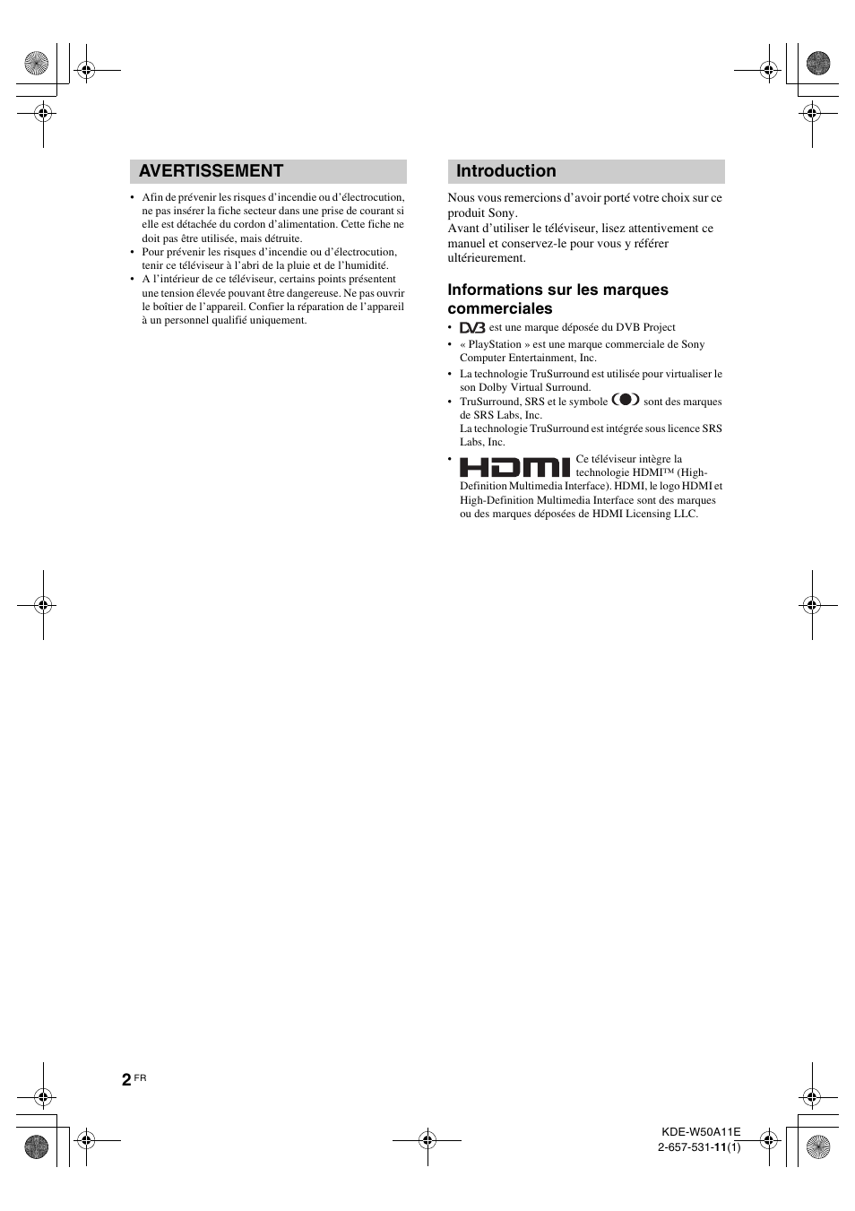 Avertissement introduction, Informations sur les marques commerciales | Sony KDE-W50A11E User Manual | Page 48 / 194