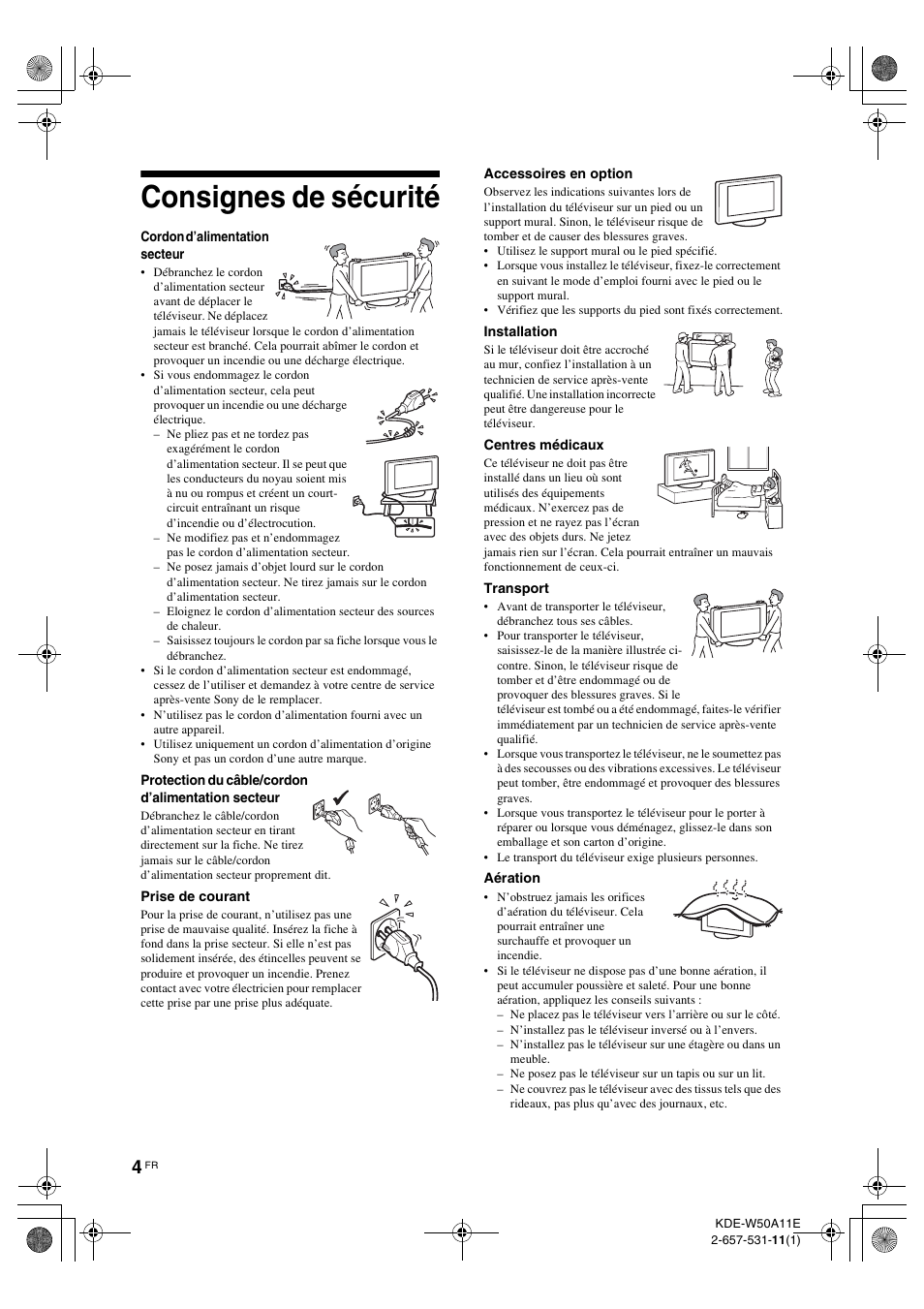 Consignes de sécurité | Sony KDE-W50A11E User Manual | Page 50 / 194