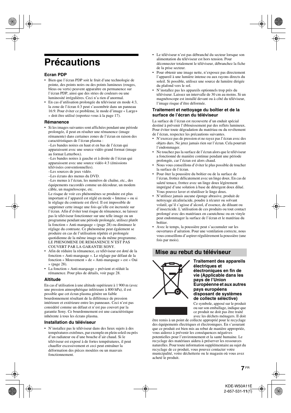 Précautions, Mise au rebut du téléviseur | Sony KDE-W50A11E User Manual | Page 53 / 194