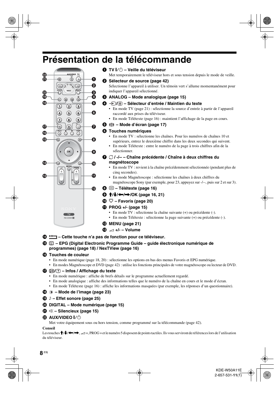 Présentation de la télécommande | Sony KDE-W50A11E User Manual | Page 54 / 194