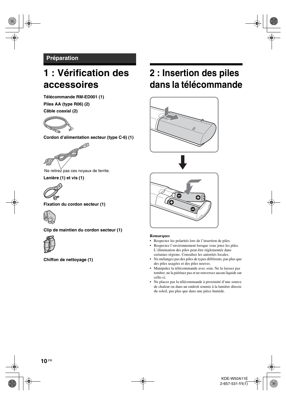 Préparation, 1 : vérification des accessoires, 2 : insertion des piles dans la télécommande | 2 : insertion des piles dans, La télécommande | Sony KDE-W50A11E User Manual | Page 56 / 194