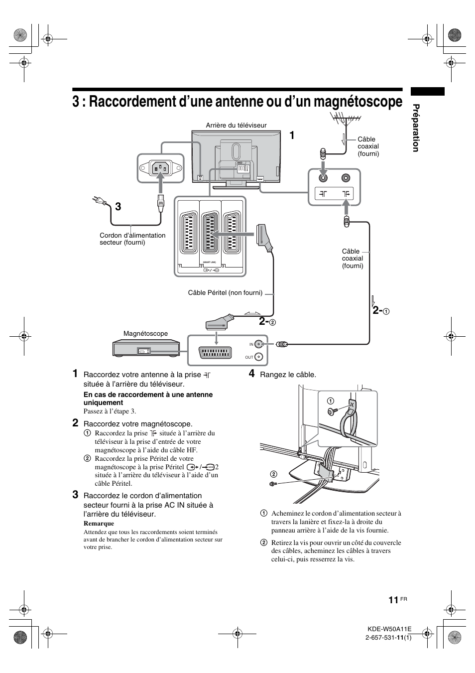 3 : raccordement d’une antenne ou d’un, Magnétoscope | Sony KDE-W50A11E User Manual | Page 57 / 194