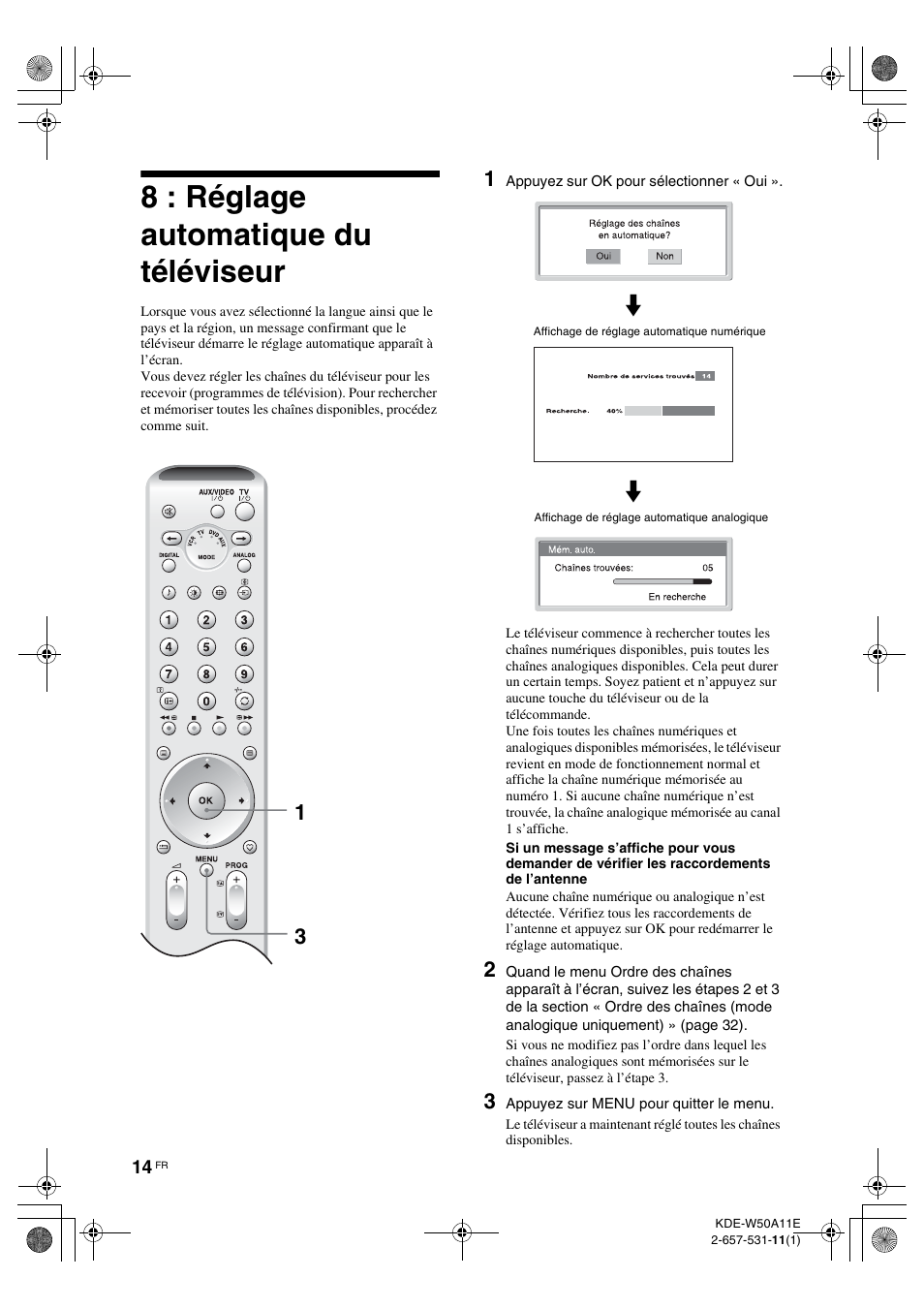 8 : réglage automatique du téléviseur, 31 m | Sony KDE-W50A11E User Manual | Page 60 / 194