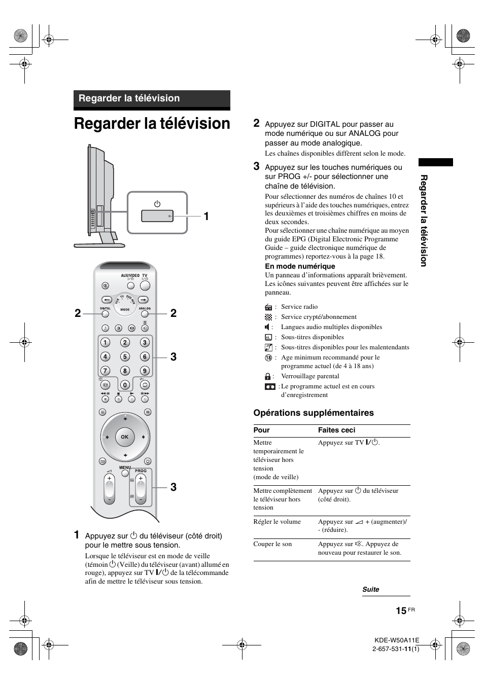 Regarder la télévision, Pour les chaînes, Numériques uniquement | Sony KDE-W50A11E User Manual | Page 61 / 194