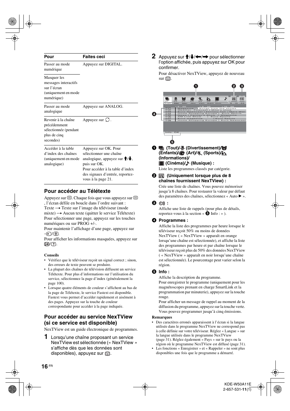 Pour accéder au télétexte | Sony KDE-W50A11E User Manual | Page 62 / 194