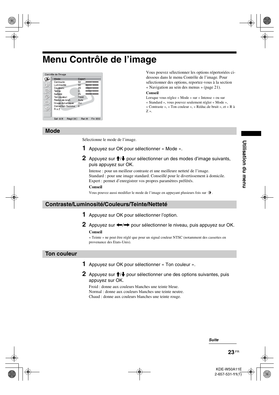 Menu contrôle de l’image, Mode, Contraste/luminosité/couleurs/teinte/netteté | Ton couleur | Sony KDE-W50A11E User Manual | Page 69 / 194