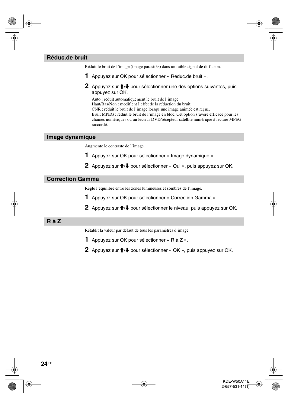Réduc.de bruit, Image dynamique, Correction gamma | R à z, T (24), E (24), À z (24) | Sony KDE-W50A11E User Manual | Page 70 / 194