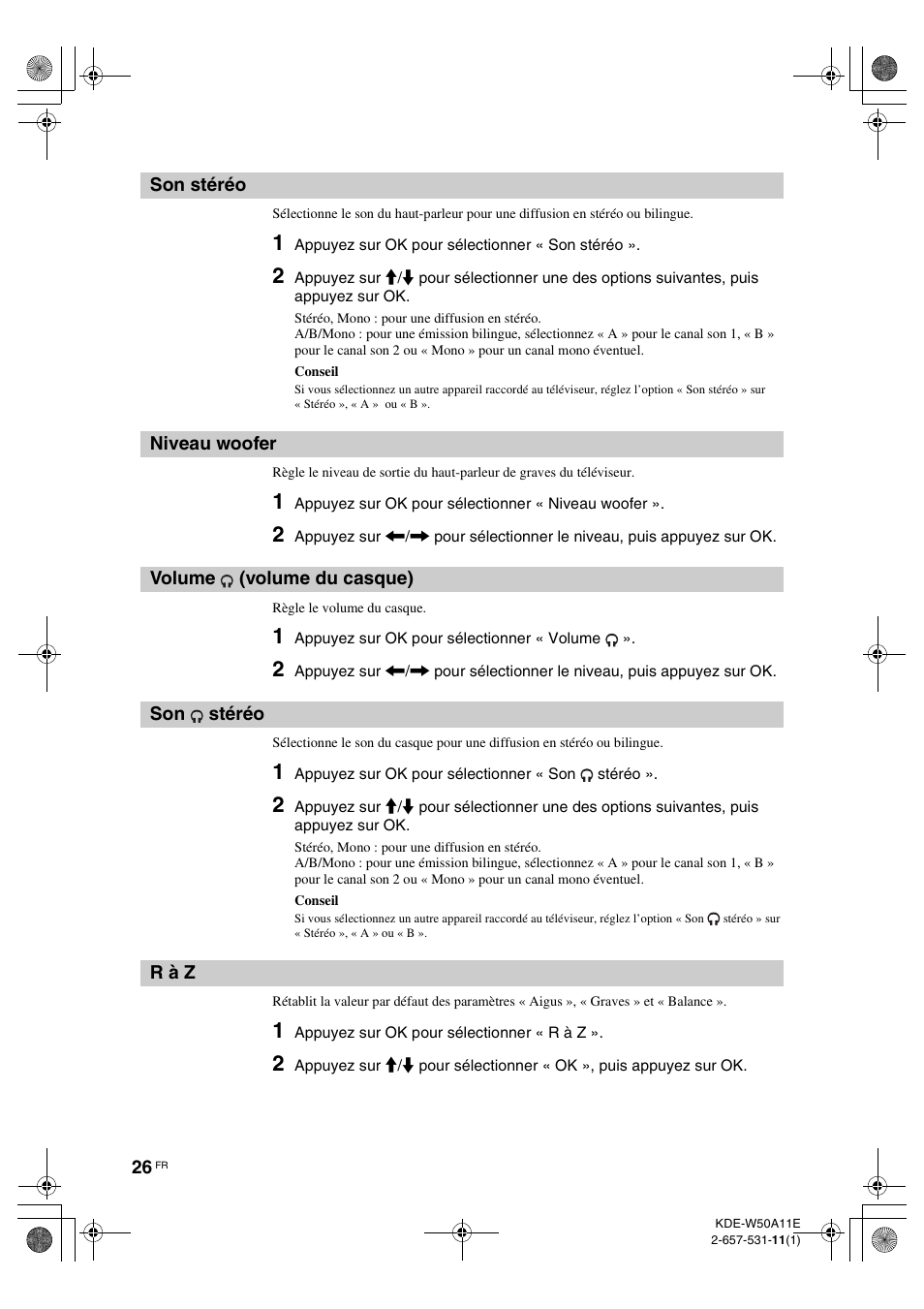 Son stéréo, Niveau woofer, Volume (volume du casque) | R à z, Son stéréo niveau woofer volume, Volume du casque), Stéréo, À z (26) | Sony KDE-W50A11E User Manual | Page 72 / 194