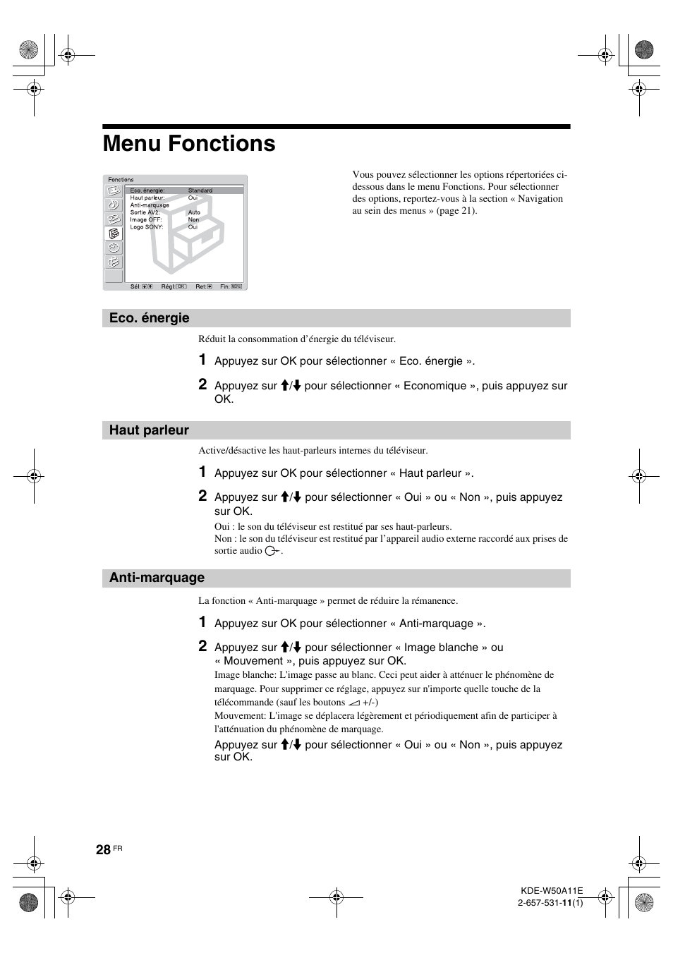 Menu fonctions, Eco. énergie, Haut parleur | Anti-marquage, Eco. énergie haut parleur, E (28), R (28) | Sony KDE-W50A11E User Manual | Page 74 / 194