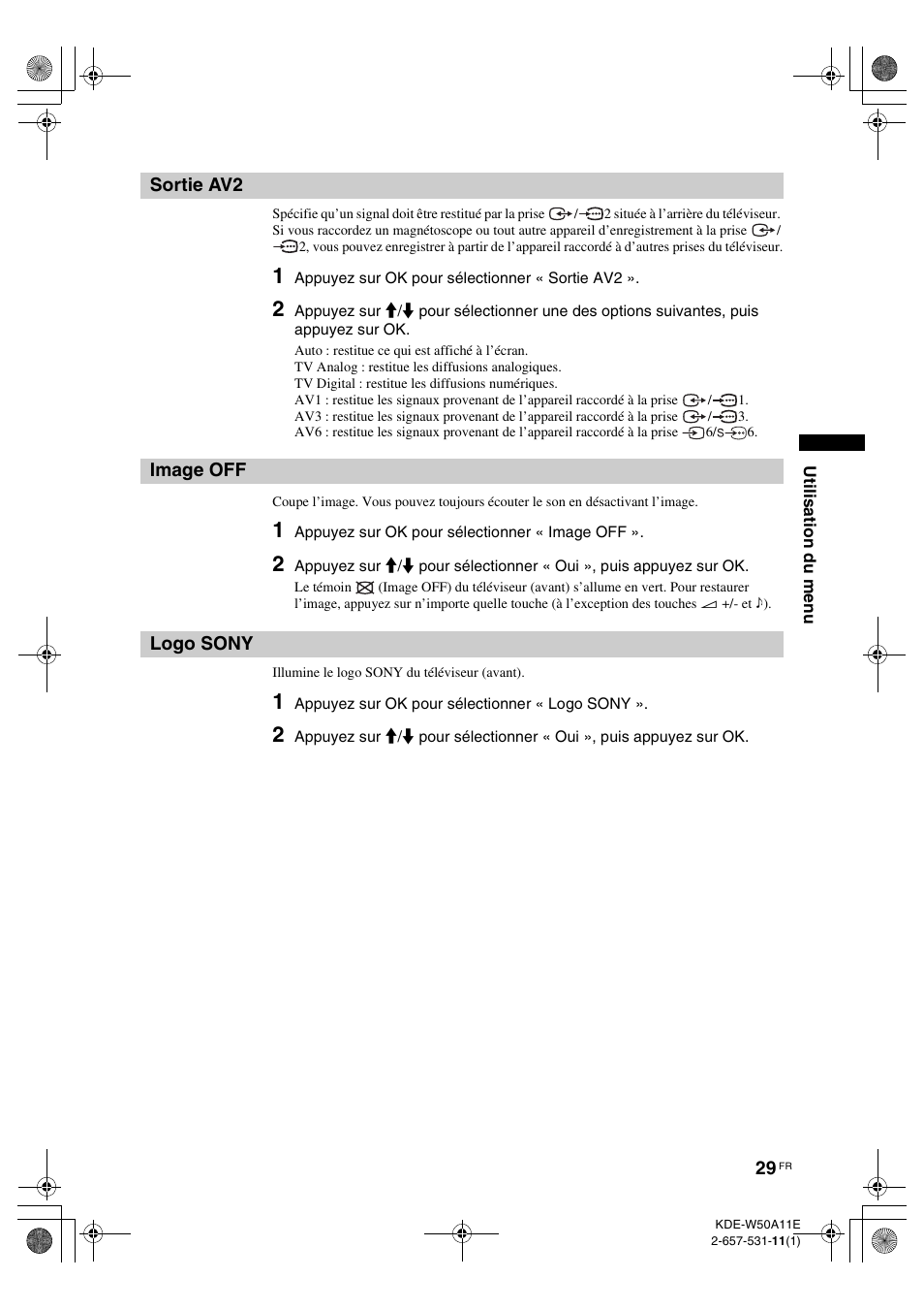 Sortie av2, Image off, Logo sony | Anti-marquage sortie av2 image off logo sony, Ff (29) | Sony KDE-W50A11E User Manual | Page 75 / 194