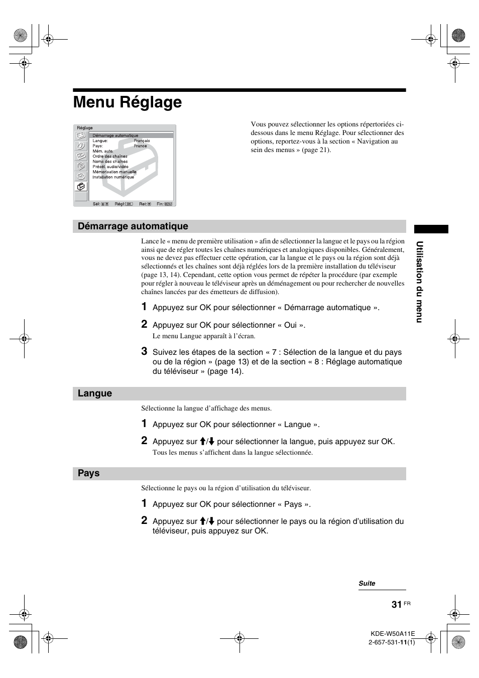 Menu réglage, Démarrage automatique, Langue | Pays, Démarrage automatique langue pays, E (31), Ys (31) | Sony KDE-W50A11E User Manual | Page 77 / 194