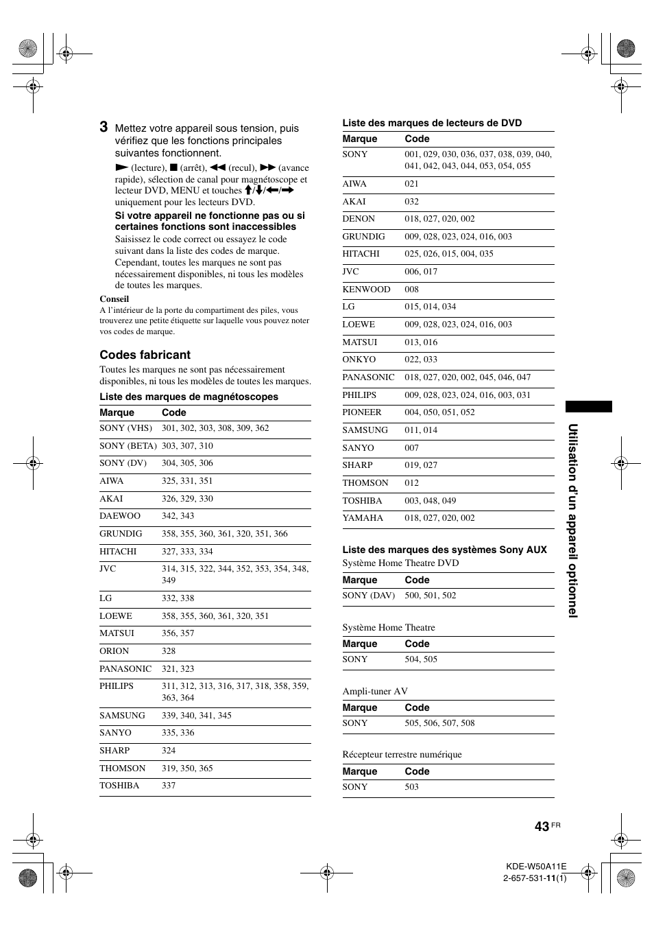 Codes fabricant, Ut il is ati on d’ un apparei l opt ionne l | Sony KDE-W50A11E User Manual | Page 89 / 194