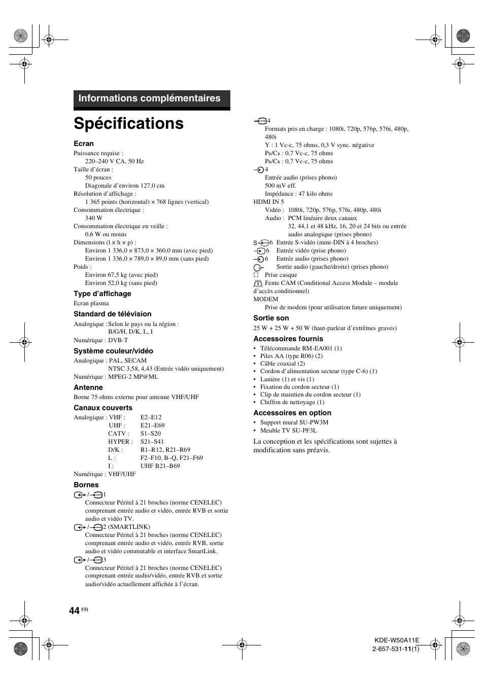 Informations complémentaires, Spécifications, Informations | Complémentaires | Sony KDE-W50A11E User Manual | Page 90 / 194