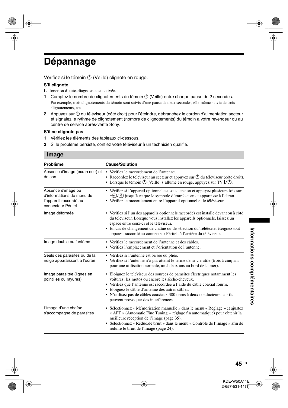 Dépannage, Image | Sony KDE-W50A11E User Manual | Page 91 / 194