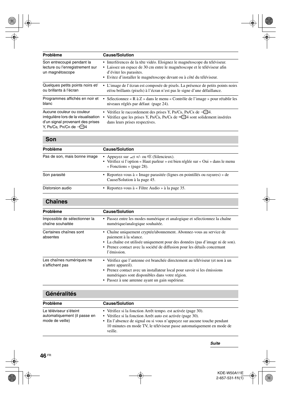 Chaînes, Généralités | Sony KDE-W50A11E User Manual | Page 92 / 194