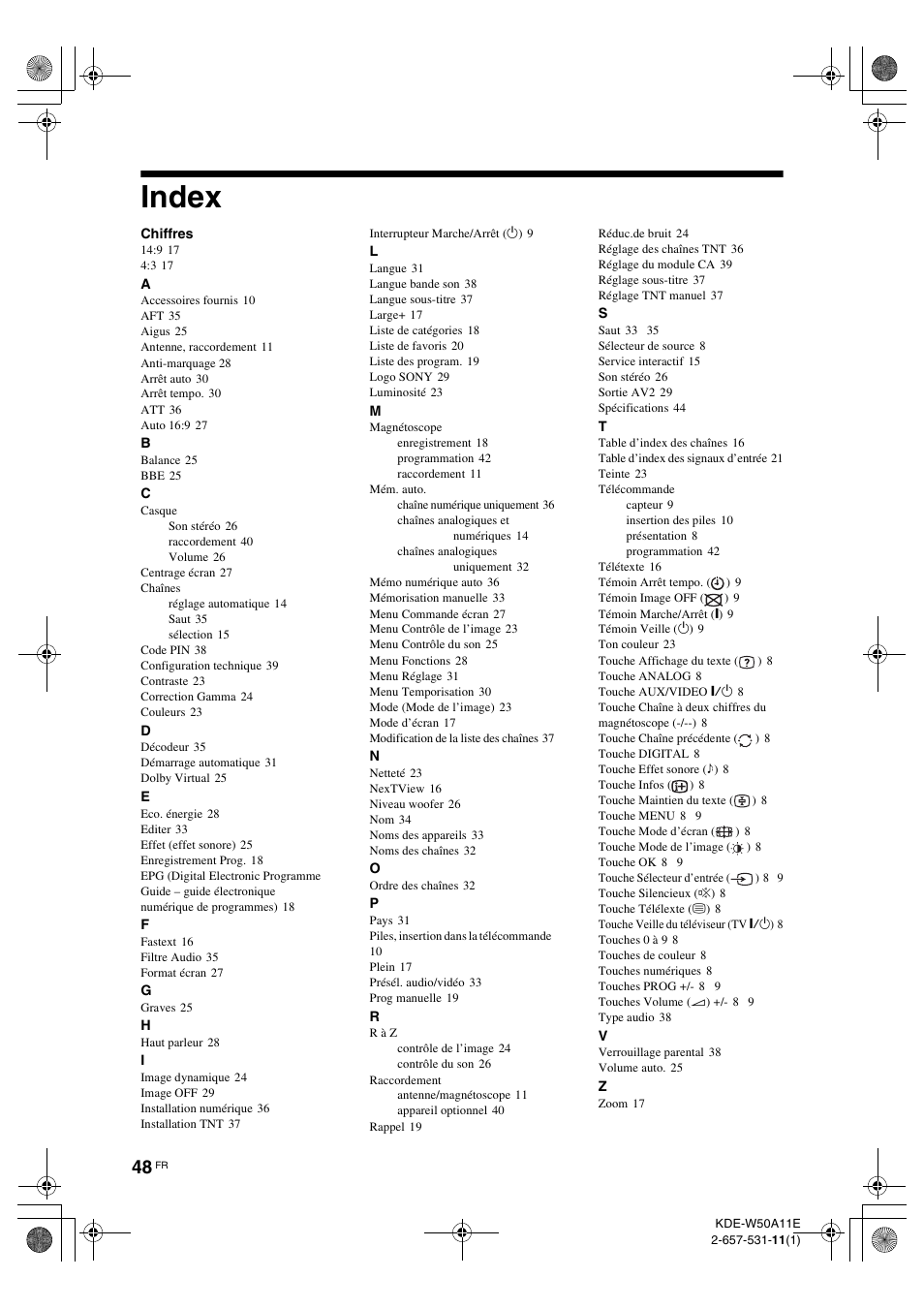 Index | Sony KDE-W50A11E User Manual | Page 94 / 194
